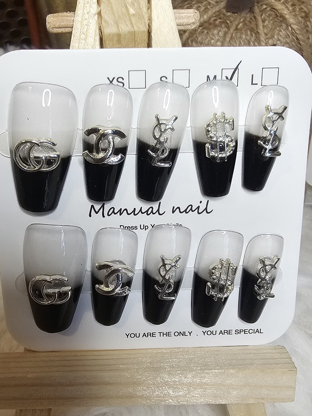 Manual Nail Black & White Press-On Nails with Silver Logo Accents